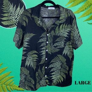 Large Hawalili Back & Green Hawaiian palapalae Fern Button up Aloha dress Shirt